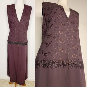 TOKUKO 1ER VOL Burgundy Floral Embroidered Crochet Sleeveless Tunic Dress Size 9